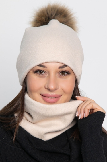 Комплект шапка с помпоном и снуд (молочный) ШПС19-23М